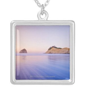 Haystack Rock At Dawn Blurred Blue Purple Waves Silver Plated Necklace