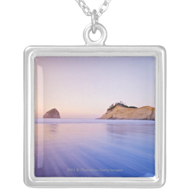 Haystack Rock At Dawn Blurred Blue Purple Waves Silver Plated Necklace (Front)