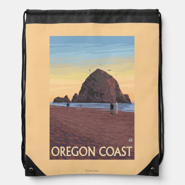 Haystack Rock Vintage Travel Poster Drawstring Bag (Front)