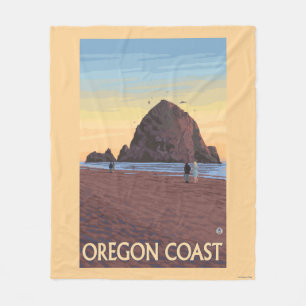 Haystack Rock Vintage Travel Poster Fleece Blanket