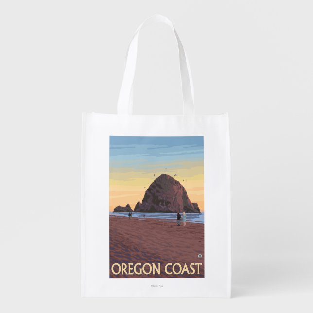Haystack Rock Vintage Travel Poster Grocery Bag (Front)
