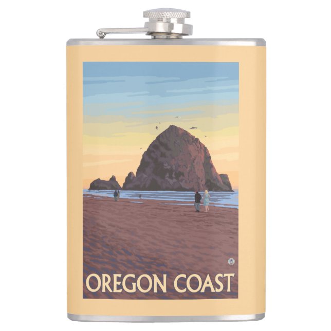 Haystack Rock Vintage Travel Poster Hip Flask (Front)