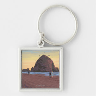 Haystack Rock Vintage Travel Poster Keychain