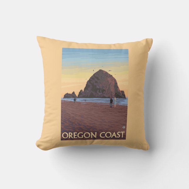 Haystack Rock Vintage Travel Poster Throw Pillow (Front)