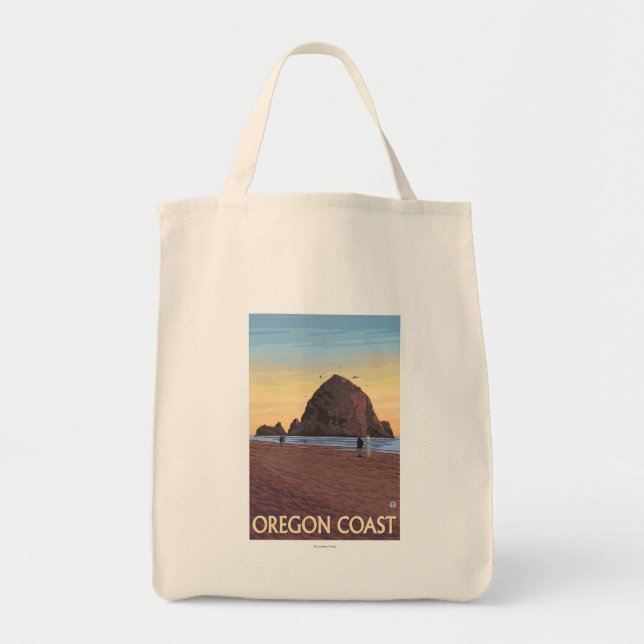 Haystack Rock Vintage Travel Poster Tote Bag (Front)