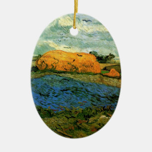 Haystacks Under a Rainy Sky by Vincent van Gogh Ceramic Ornament