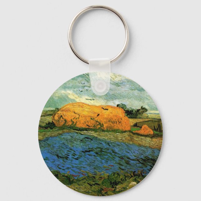 Haystacks Under a Rainy Sky by Vincent van Gogh Keychain (Front)