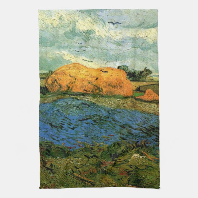 Haystacks Under a Rainy Sky by Vincent van Gogh Kitchen Towel (Vertical)
