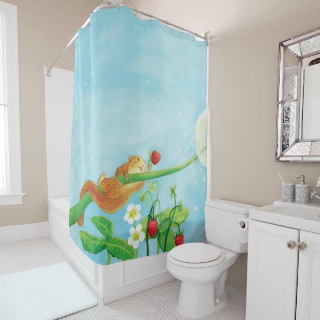 Hazel Dormouse Climbing a Dandelion Ball Shower Curtain (In Situ)