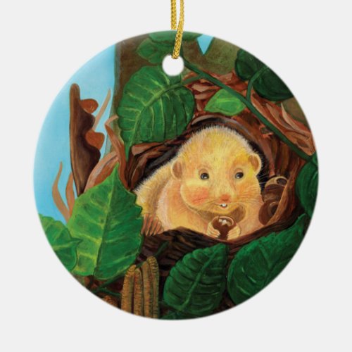 Hazel dormouse eating hazelnut   ceramic ornament