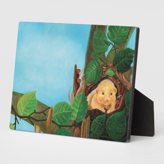 Hazel dormouse eating hazelnut   plaque (Side)
