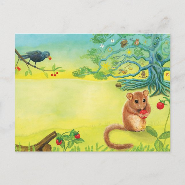 Hazel Dormouse Eating Wild Strawberry  Holiday Postcard (Front)