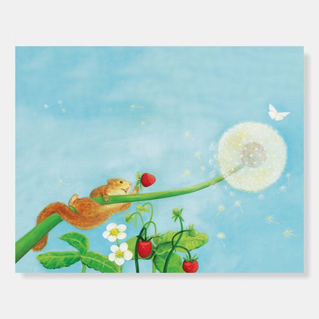 Hazel Dormouse, wild strawberries & dandelion Foam Board (Front)