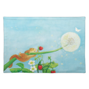 Hazel Dormouse, wild strawberries & dandelion puff Cloth Placemat