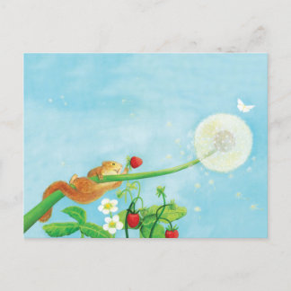 Hazel Dormouse, wild strawberries & dandelion puff Postcard