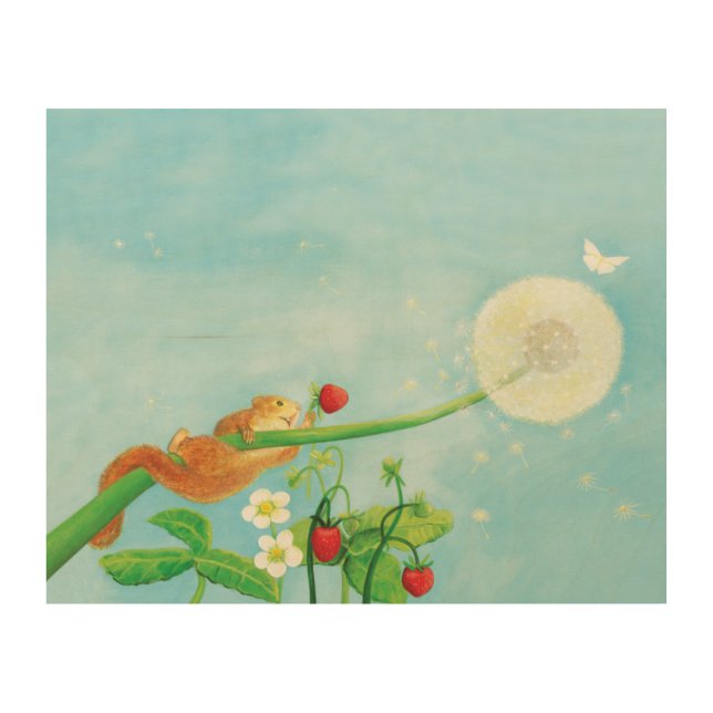 Hazel Dormouse, wild strawberries & dandelion puff Wood Wall Art (Front)