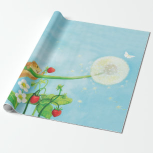 Hazel Dormouse, wild strawberries & dandelion puff Wrapping Paper
