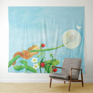 Hazel Dormouse, wild strawberries & dandelion Tapestry