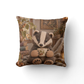 Hazelnut Badger Teacup Cozy Vintage Library Throw Pillow