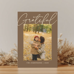 Hazelnut Brown Modern Grateful Photo Thanksgiving Holiday Card