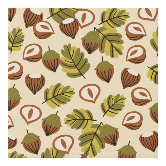 Hazelnut Leaves Acorns Seamless Pattern Faux Canvas Print (Front)