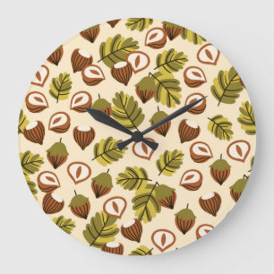 Hazelnut Leaves Acorns Seamless Pattern Large Clock