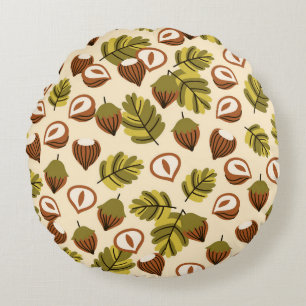 Hazelnut Leaves Acorns Seamless Pattern Round Pillow