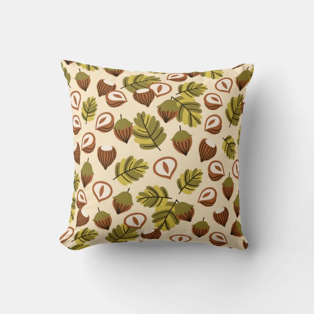 Hazelnut Leaves Acorns Seamless Pattern Throw Pillow (Front)