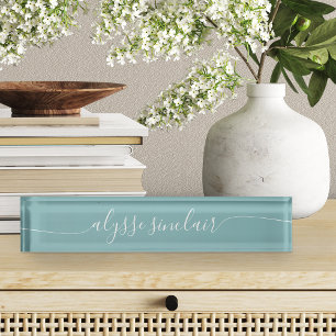 Hazy Aqua Elegant Calligraphy Script Desk Name Plate
