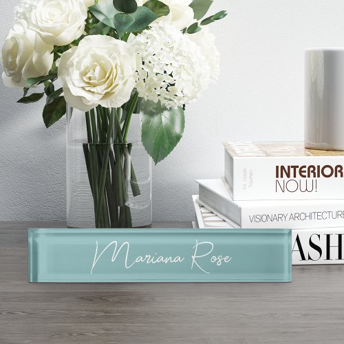 Hazy Aqua Elegant Handwritten Script Desk Name Plate