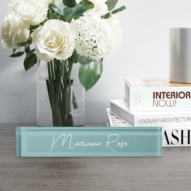 Hazy Aqua Elegant Handwritten Script Desk Name Plate (Creator Uploaded)