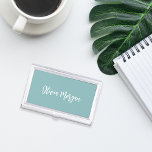 Hazy Aqua Sketched Cursive Script Business Card Case<br><div class="desc">Elegant business card case features your name,  title,  or choice of personalization in white hand scripted cursive lettering on a dusty teal terracotta background.</div>