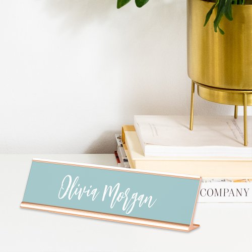 Hazy Aqua Sketched Cursive Script Desk Name Plate