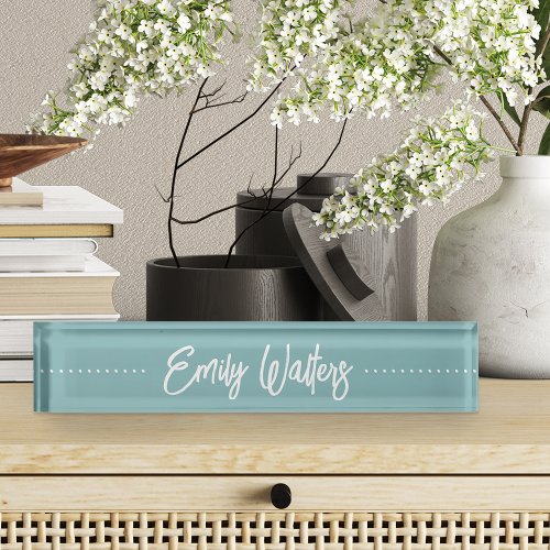 Hazy Aqua Sketched Cursive Script Desk Name Plate