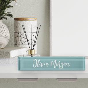 Hazy Aqua Sketched Cursive Script Name Desk Name Plate