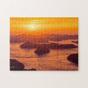 Hazy sunset on Kurushima Kaikyo Bridge and Kurushi Jigsaw Puzzle