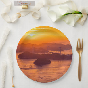 Hazy sunset on Kurushima Kaikyo Bridge and Kurushi Paper Plates