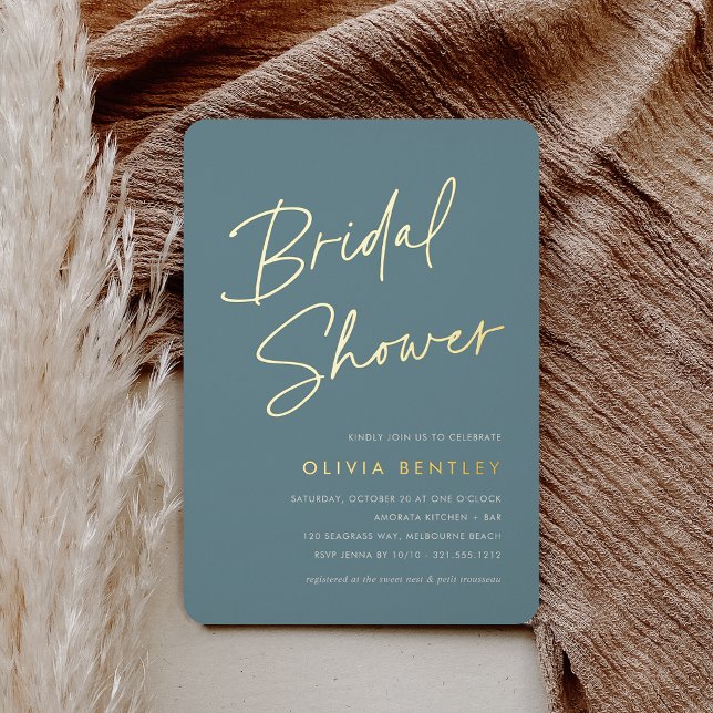 Hazy Teal | Boho Minimalist Script Bridal Shower Foil Invitation (Creator Uploaded)