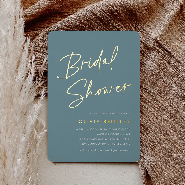 Hazy Teal | Boho Minimalist Script Bridal Shower Foil Invitation | Zazzle