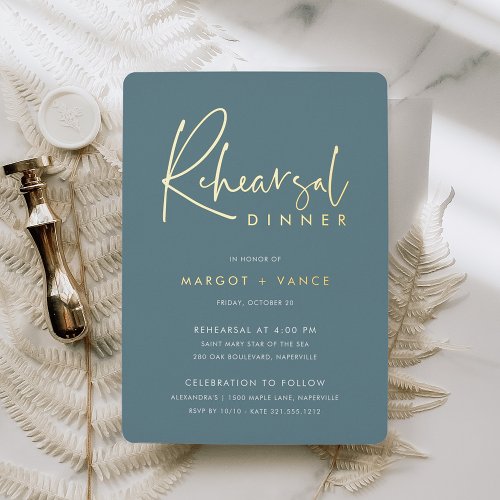 Hazy Teal  Modern Minimal Script Rehearsal Dinner Foil Invitation