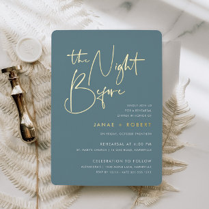 Hazy Teal Modern Minimal Script Rehearsal Dinner Foil Invitation