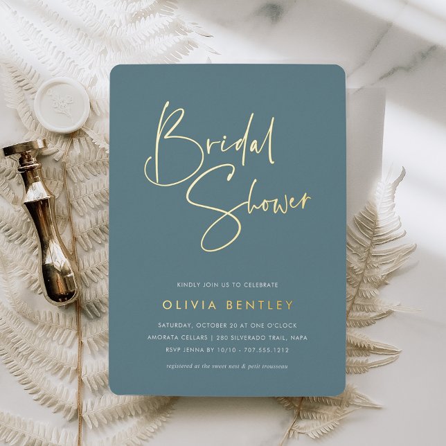 Hazy Teal | Modern Minimalist Script Bridal Shower Foil Invitation (Creator Uploaded)