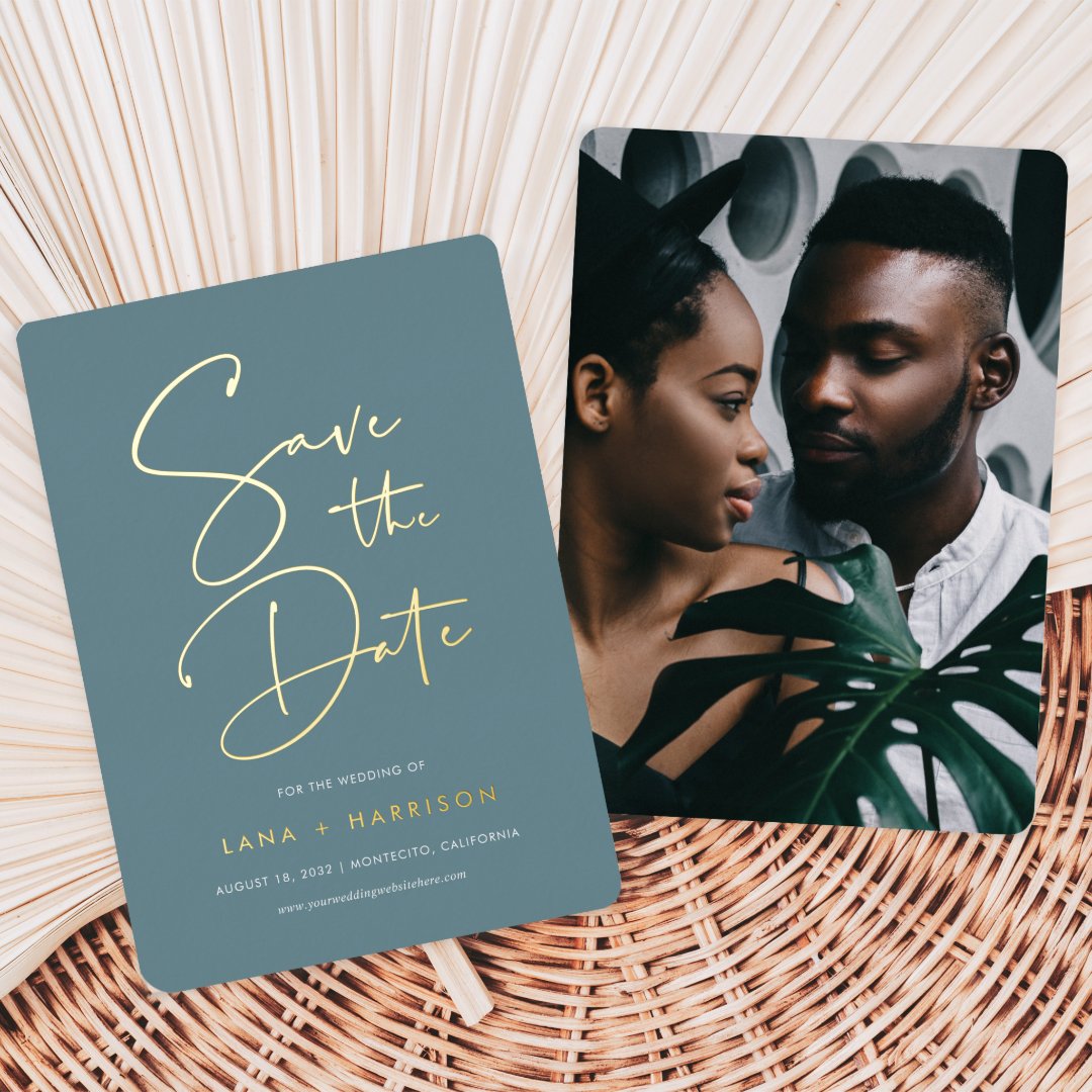 Hazy Teal | Modern Script Photo Save the Date Foil Invitation