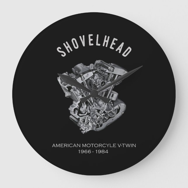 HD Motorcycle Vtwin Shovelhead Engine Drawing Bike Large Clock (Front)