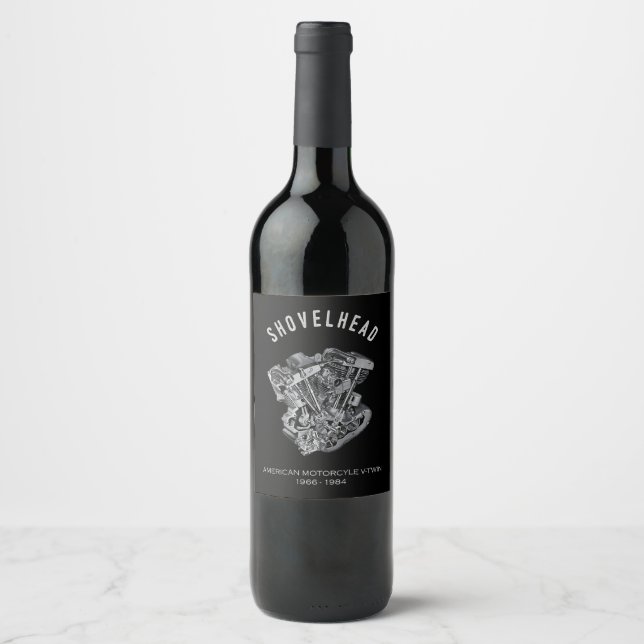 HD Motorcycle Vtwin Shovelhead Engine Drawing Bike Wine Label (Front)