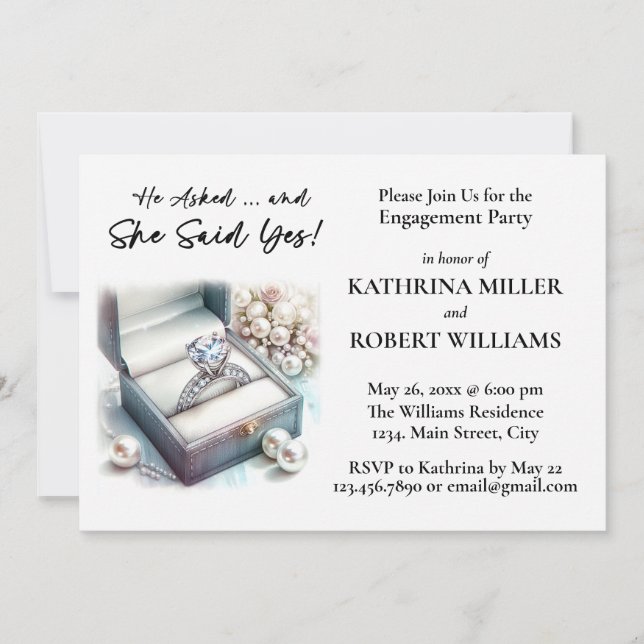 He Asked, She Said Yes! Elegant Engagement Party Invitation (Front)