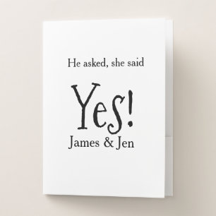 He asked she said yes engagement party name simple pocket folder