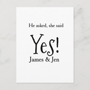 He asked she said yes engagement party name simple postcard