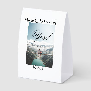 He asked she said yes engagement photo name stylis paper table tent