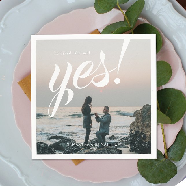 He Asked She Said Yes Engagement Photo Party Napkins (Creator Uploaded)